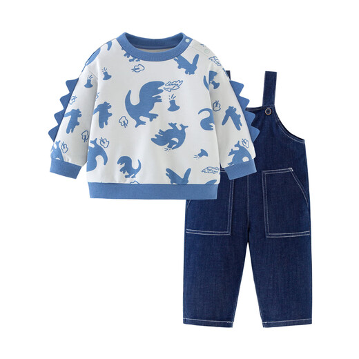Mini Balabala overalls for boys and girls, comfortable and elastic, environmentally friendly, cute and fun, dinosaur-shaped two-piece overalls suit, blue tone 00388 90