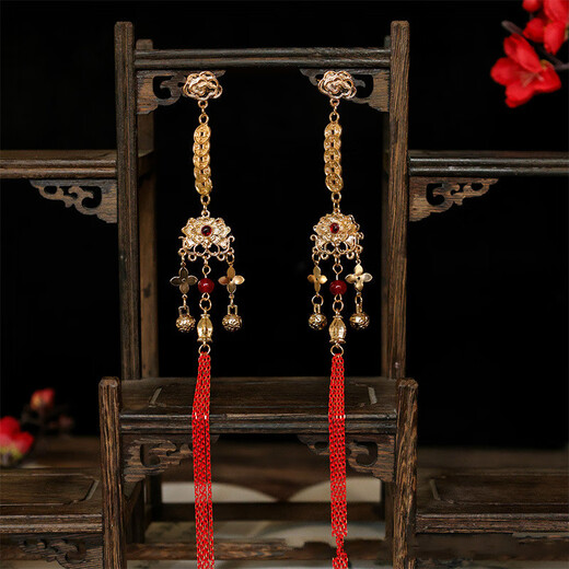 Mengjunchen Guochen Guochao antique style red festive ingot hair accessories ancient Hanfu small God of Wealth makeup hair crown long tassel headdress set Jinrui small set of money-making hairpins 1 pair