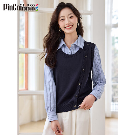 PinCai long-sleeved shirt women's striped contrast stitching sweater temperament retro fake two-piece long-sleeved shirt P51S019
