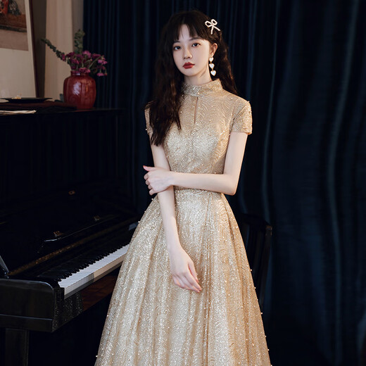 Rindu art candidate's music dress performance dress light luxury banquet host high collar art exam music student adult ceremony gold M