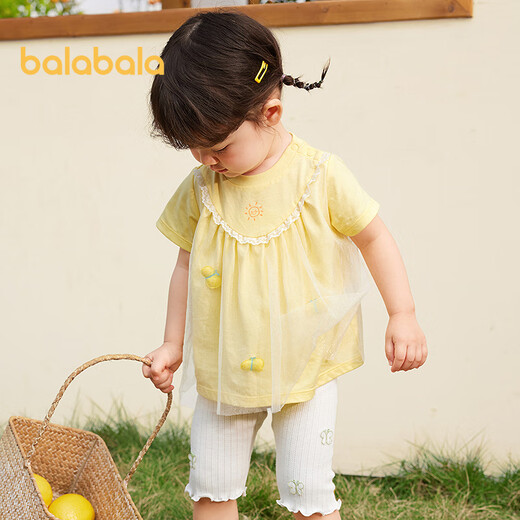 Balabala baby short-sleeved t-shirt baby girls tops 2025 summer wear sweet mesh stitching fashionable 209225117004