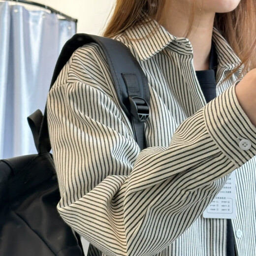 迪伽达复古条纹长袖衬衣男士春秋冬季新款衬衫男女同款休闲宽松开衫外套 ZSFS-C51黑色 XL