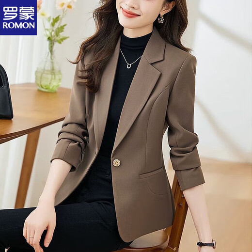 ROMON Western Style Suit Jacket Women's 2025 New Spring and Autumn Temperament Top Slim Fit Casual Small Suit Brown Spring and Summer Single Layer L Reference Recommendation 120-130 Jin Jin equals 0.5 kg