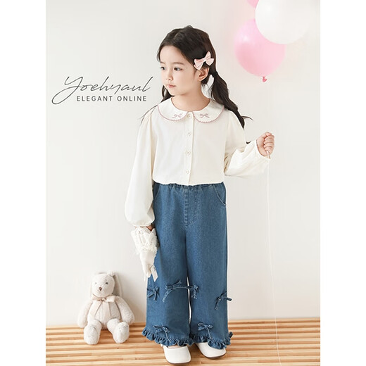 Young girls' bow embroidered printed doll collar shirt spring sweet and cute little puff sleeve casual top pink C3195 100 cm