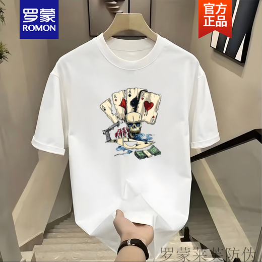 罗蒙（ROMON）男生短袖T恤潮流潮牌ins宽松百搭2025青少年纯棉体恤上衣夏季新品 黑色前大图【K983  骰子扑克 】 L 建议120-140斤
