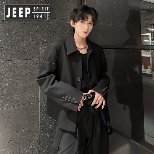 JEEP SPIRIT Jeep Boys Shoulder Pad Blazer Autumn and Winter Old Money Style Jacket Short Handsome Casual Suit Black XL