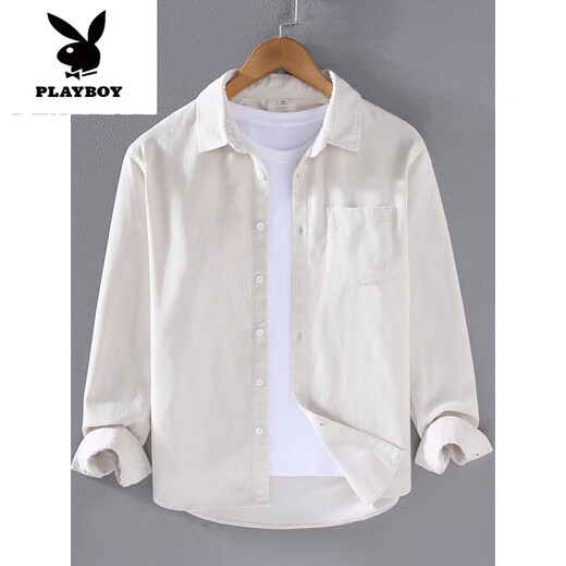 花花公子（PLAYBOY）春季灯芯绒衬衫男长袖棉宽松薄款日系条绒感白休闲衬衣外套新品 浅蓝色【9715】 3XL