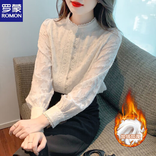 ROMON Velvet Thickened Lace Long Sleeve Shirt Women's Bottoming Shirt Women's 2025 Autumn and Winter New Style Chic and Western Chiffon Shirt Stand Collar White Plus/Fellow XL