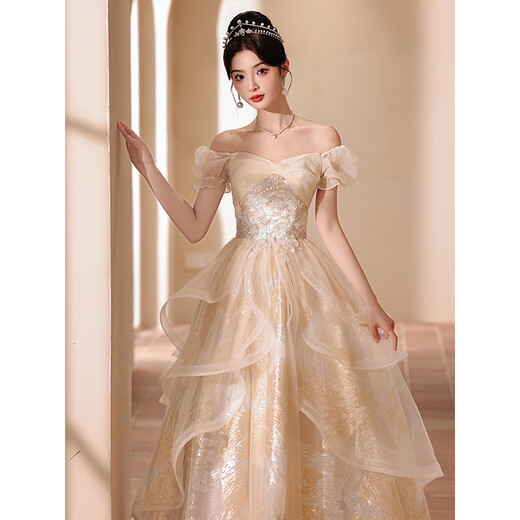 Zhufan student adult dress 18-year-old female adult dress evening girl 2025 new banquet temperament host sense champagne color S