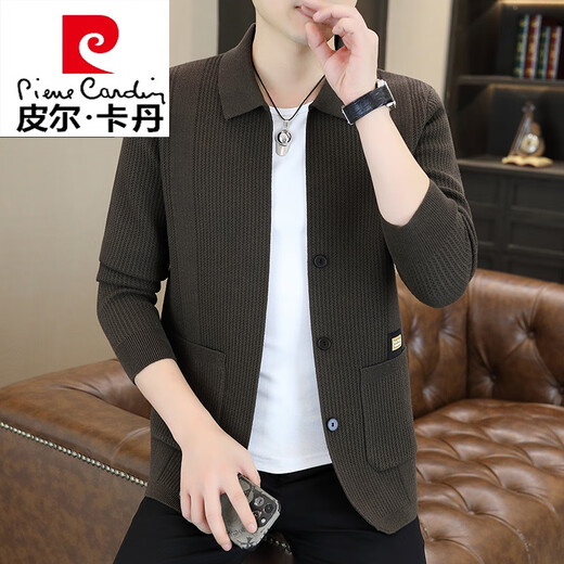 Pierre Cardin knitted jacket men's 2025 spring and autumn new sweater cardigan trendy handsome high-end jacket sweater 24801 Khaki M Recommendation 80-100Jin Jin equals 0.5 kg