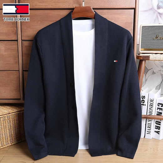 TOME BORNEK American Tommy men's wool jacket cashmere feel cardigan men's loose knitted sweater V-neck thickened sweater Navy 2XL (recommended 160-180Jin Jin equals 0.5 kg)