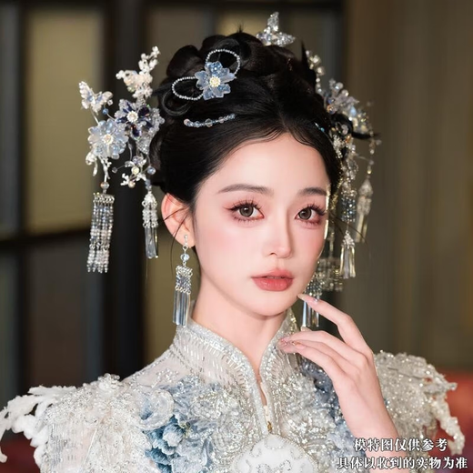 Olevo bride Chinese-style Xiuhe dress silver headdress age-reducing ancient style Xiuhe hair accessories dragon and phoenix gown wedding ancient costume wedding accessories silver Xiuhe headdress earrings set ear clip style ear