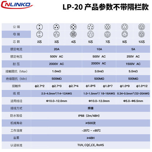 Lingke LP20 waterproof aviation plug and socket 2/3/4/5/7/8/9/12 core quick plug round IP68 connector LP20 type 3 core flange formal installation