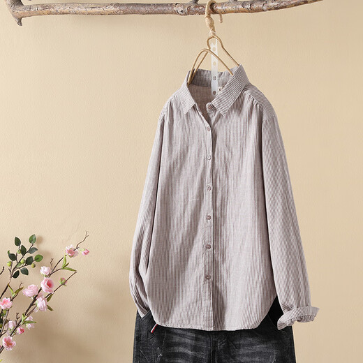 HIPPATIA100%纯棉衬衫狐狸刺绣条纹女双层长袖宽松春秋文艺小清新打底衬衣 浅灰色 w6623 M