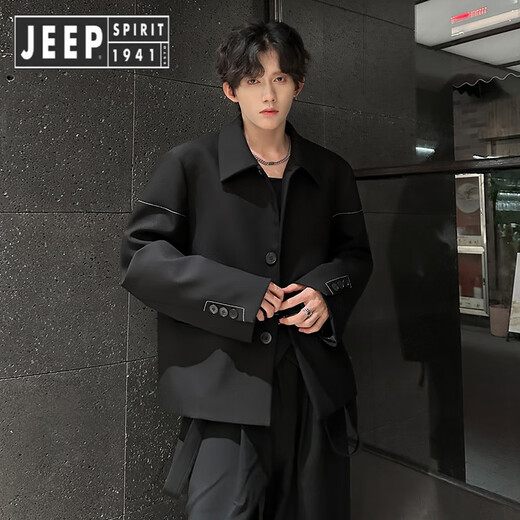 JEEP SPIRIT Jeep Boys Shoulder Pad Blazer Autumn and Winter Old Money Style Jacket Short Handsome Casual Suit Black XL
