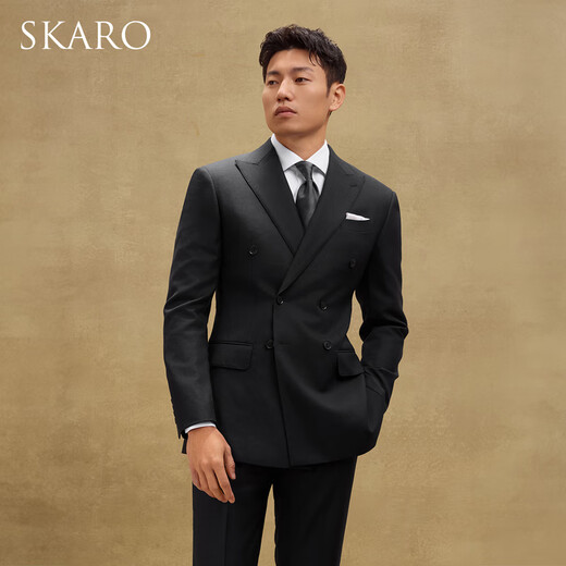 SKARO celebrity style double-breasted suit men's business high-end wedding formal black suit black SKG1001A size 48 top, please note the size of the trousers