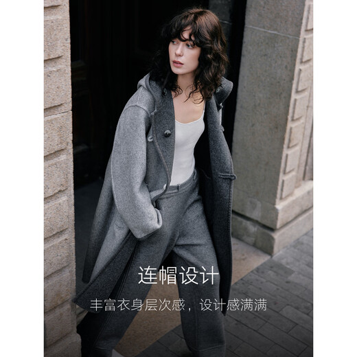 ELLE 100% sheep wool gray hooded woolen coat for women 2025 winter new long wool coat medium gray M