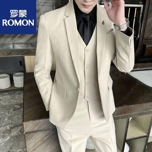 ROMON suit men's three-piece formal suit professional small suit tailoring groom groomsman wedding casual large size dress lake blue suit + pants tie S