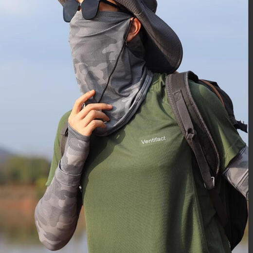 Muxueci camouflage sunscreen mask for men ice silk summer mask full face sunshade ice sleeve hat neck protection riding mountaineering outdoor light gray camouflage mask

