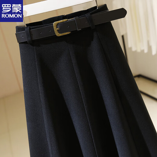 ROMON Black Woolen Skirt Women's High Waist 2025 Autumn and Winter New Loose Slim Versatile Mid-Length A-Line Skirt Black Short Style Below 160 M