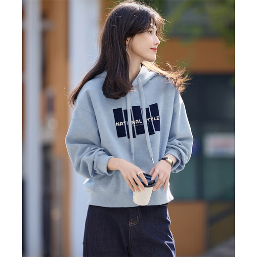 Shangjing Letter Color Block Hooded Sweatshirt Women's 2025 Autumn New Loose Casual Versatile Drawstring Top Blue L