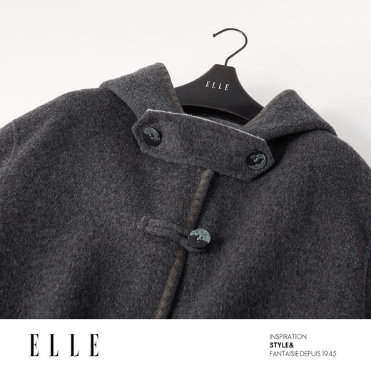 ELLE 100% sheep wool gray hooded woolen coat for women 2025 winter new long wool coat medium gray M