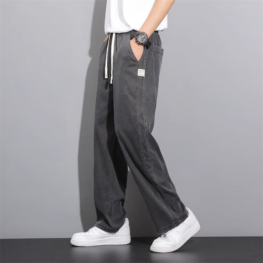 ROMON Tencel jeans men's summer thin fashion brand straight loose men's ice silk wide leg pants casual long pants men 1048 gray thin XL size recommended 135-155 Jin Jin equals 0.5 kg