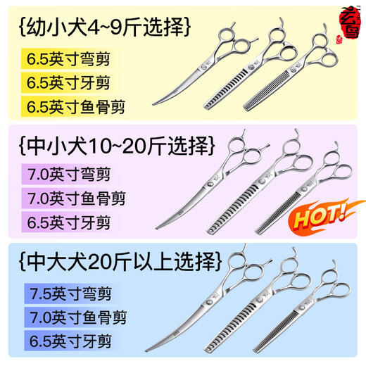 Xuanniao Teddy Bichon Beauty Scissors Pet Scissors Set Dog Shearing and Trimming Scissors Recommended by beauticians Hot choice 3 pieces 6.5 curved + 6.5 teeth + 6.5 fish bone