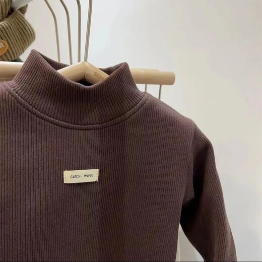 Tonghuai Boys and Girls Bottoming Shirt Plus Velvet Warm Style Top 2025 New Baby Thickened Half Turtle Collar T-Shirt Winter Korean Version One Piece Brown-655 80 (Recommended Height 70-80)