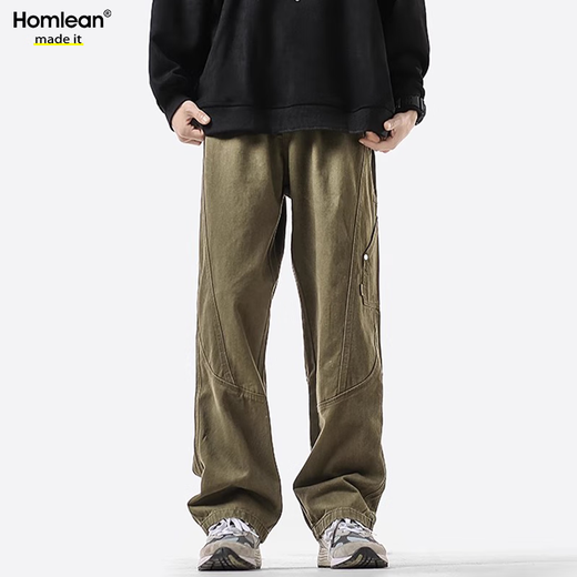 Homlean American pure cotton casual pants men's spring and summer niche trendy brand retro loose workwear long pants HS60 Khaki XL