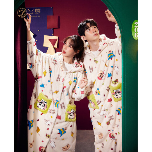 Gongdie Coral Velvet Couple Pajamas Women's Autumn and Winter Warm Crayon Shin-chan Joint Men's Pajamas Home Clothes XYT-LBXX23766 Female (Apricot Plush) M (Recommended 80-140 Jin Jin equals 0.5 kg)