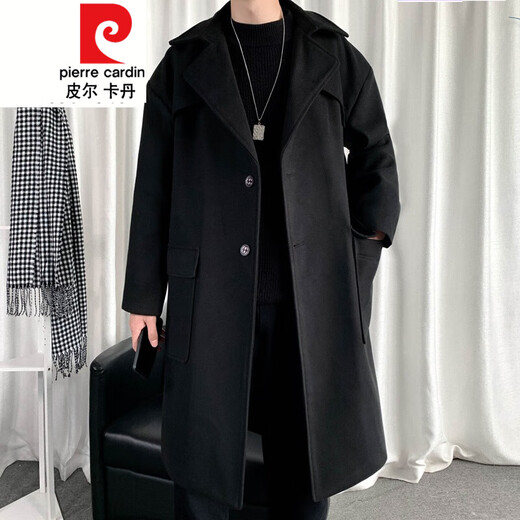 皮尔卡丹（pierre cardin）军绿色成熟稳重男装感风衣男中长款冬季苏联军呢大衣外套 黑色 M