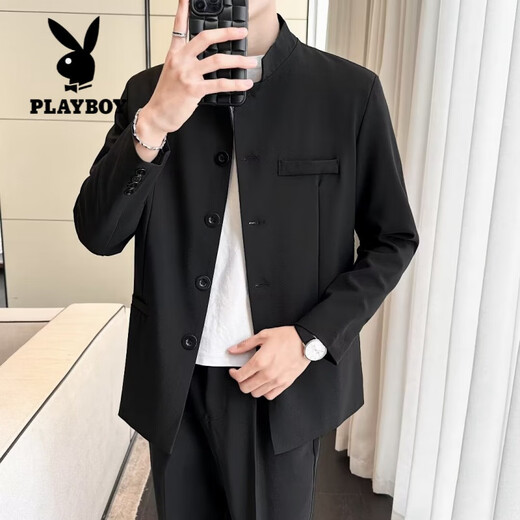 Playboy (PLAYBOY) New Chinese style tunic suit handsome stand collar national style suit jacket suit dress casual Tang suit shoulder pad black jacket + pants belt 2XL