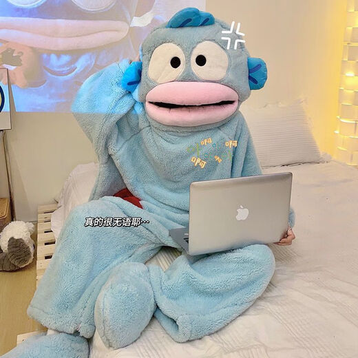 Funny Ugly Fish One-piece Pajamas Women's Coral Velvet Thickened Warm Autumn and Winter Cartoon Cute Couple Pajamas Home Clothes Ugly Fish One-piece Velvet One-piece+Shoes M 100-130Jin Jin equals 0.5 kg High-quality velvet