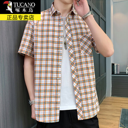 Woodpecker (TUCANO) short-sleeved shirt men's summer loose casual plaid shirt jacket men's trendy versatile five-quarter sleeve clothes men's DC613 white plaid blue line 3XL (42) about 155-175Jin [Jin equals 0.5 kg] can be worn