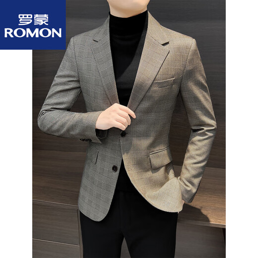 罗蒙（ROMON）休闲小西装外套男士春秋季2025新款上衣痞帅感千鸟格西服男款新品 卡其色 M 建议115斤以内