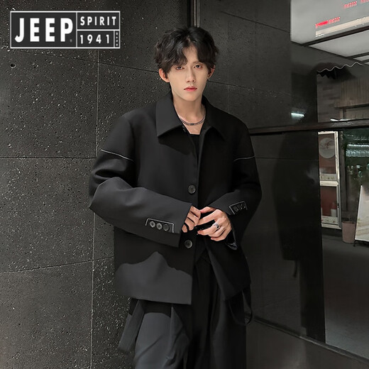 JEEP SPIRIT Jeep Boys Shoulder Pad Blazer Autumn and Winter Old Money Style Jacket Short Handsome Casual Suit Black XL