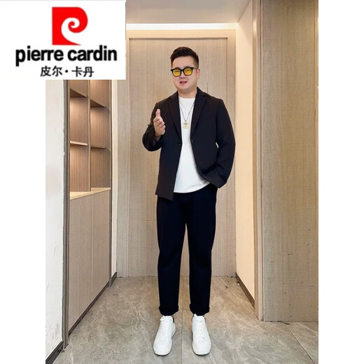 Pierre Cardin spring and autumn slimming outfit for slightly fat boys with light and sophisticated style small blazer for fat men, large size casual woolen suit, black suit + white T-shirt + black trousers M recommended 95-120 Jin Jin equals 0.5 kg