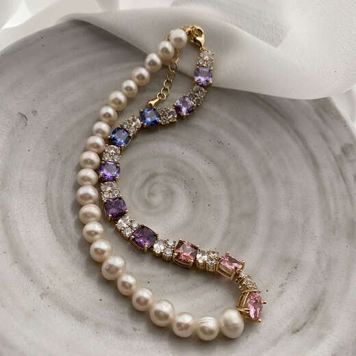 Fukumanta Rose Purple Pearl Spliced Natural Color Tanzanite Zircon Necklace Light Luxury High Fashion Sweater Chain XL0211