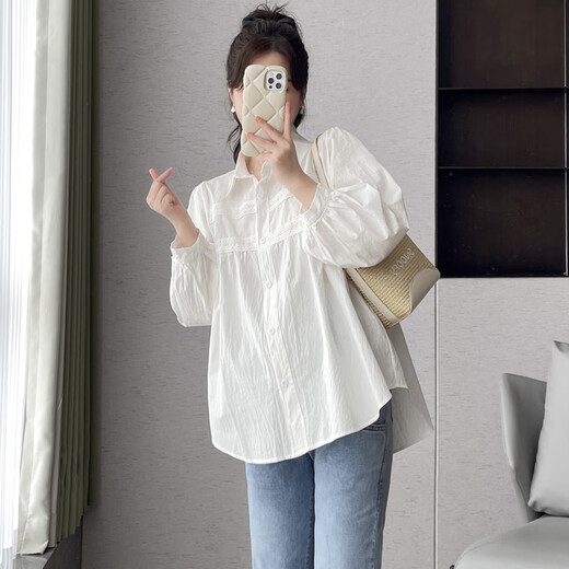 Ranqi Mommy Maternity Tops Spring and Autumn Fashionable Clothes Covering the Belly without Showing Pregnancy Clothes Shirts Large Size Loose Autumn Clothes 2025 New Women White Top + Blue Jeans (Set) L