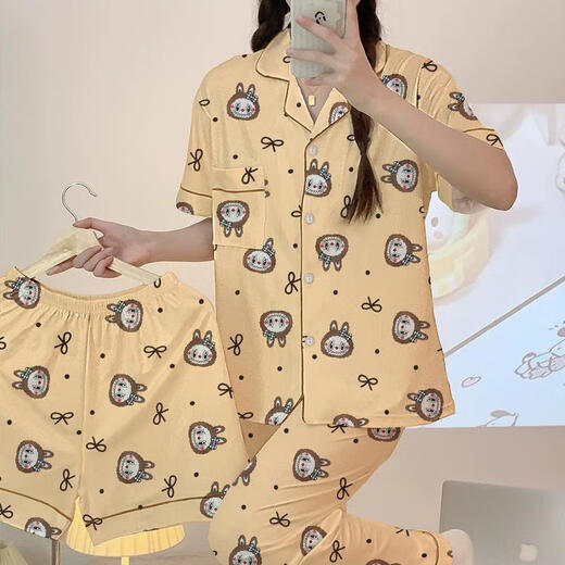 Mobeihai 2025 Neues Cartoon niedliche Pyjama für Frauen im Frühling und Sommer kurzärmelige Hose dreiköpfige Hauskleidung kann außerhalb von 14107 getragen werden.