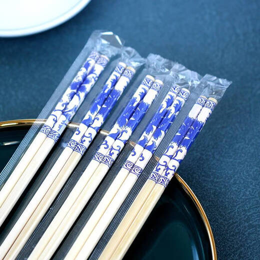Jingdie blue and white porcelain printed bamboo chopsticks for home use, hotel and catering, disposable chopsticks, individually packaged, no paint, no wax, natural bamboo chopsticks, blue and white porcelain printed bamboo chopsticks - 100 pairs, 6.0mm*24cm (individually packaged)