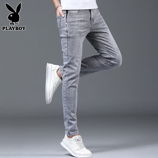 Playboy Jeans pantalon tendance masculine printemps slim pieds 2025 Nouveau pantalon extensible pantalon masculin 1048 Gray 28 [90-105jin [Jin est égal à 0,5 kg]]]