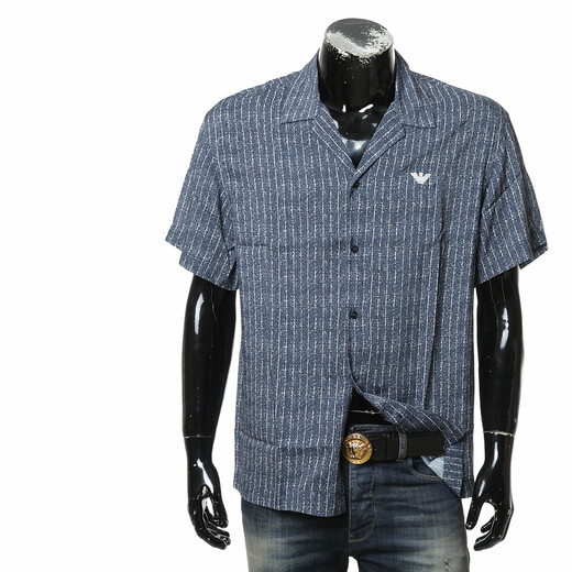 ARMANI/阿玛尼 EA 男士时尚休闲刺绣鹰标宽松短袖衬衫 EM000593 AF12351 天蓝/白 F0027 偏大1码 2XL