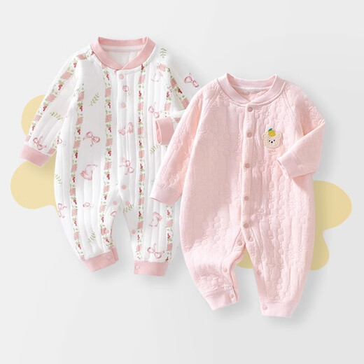 Disney baby clothes spring, autumn and winter new one-piece cotton warm six-month-old baby autumn clothing female baby quilted pajamas autumn pure pink lemon bear head + pink flower rabbit 90cm
