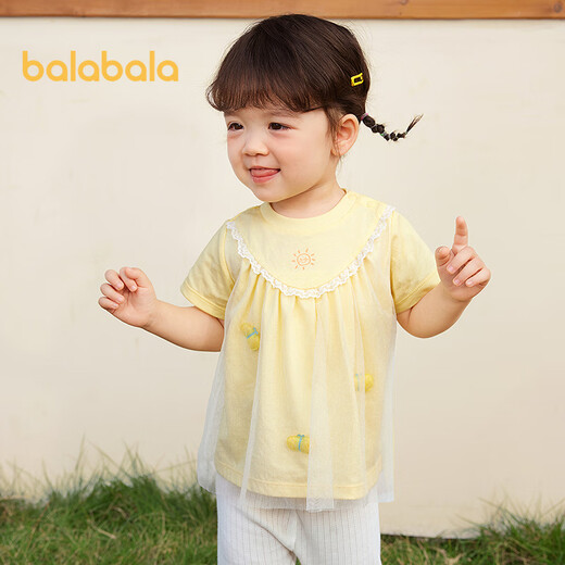 Balabala baby short-sleeved t-shirt baby girls tops 2025 summer wear sweet mesh stitching fashionable 209225117004