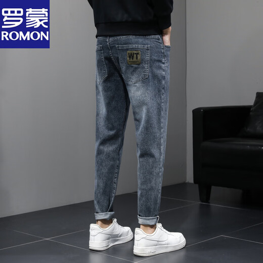罗蒙牛仔裤男夏季薄款弹力百搭青年修身小脚休闲韩版春秋新塘长裤 蓝灰844 28