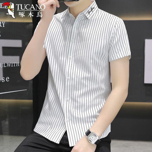 啄木鸟（TUCANO）衬衫男春夏薄款修身衬衣短袖条纹商务休闲青年男装 白色 3XL 