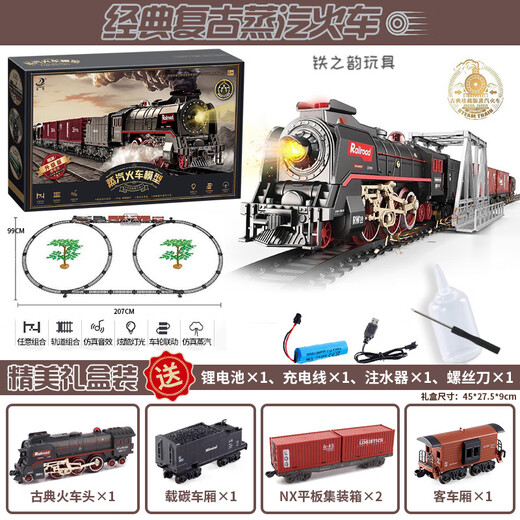 仿真合金蒸汽轨道模型大号电动绿皮高铁路遥控小火车玩具儿童男孩 【充电/礼盒】仿真音效/喷雾/灯e