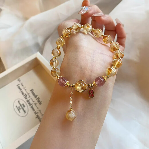 Yellow pagoda crystal citrine bracelet attracts wealth and prosperity, yellow crystal bracelet with strawberry crystal attracts girls with peach blossoms, yellow pagoda crystal 16cm